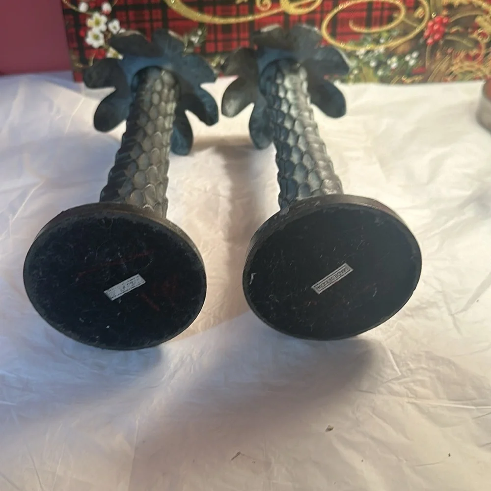 Vintage Hollywood regency textured heavy solid metal palm tree candlesticks